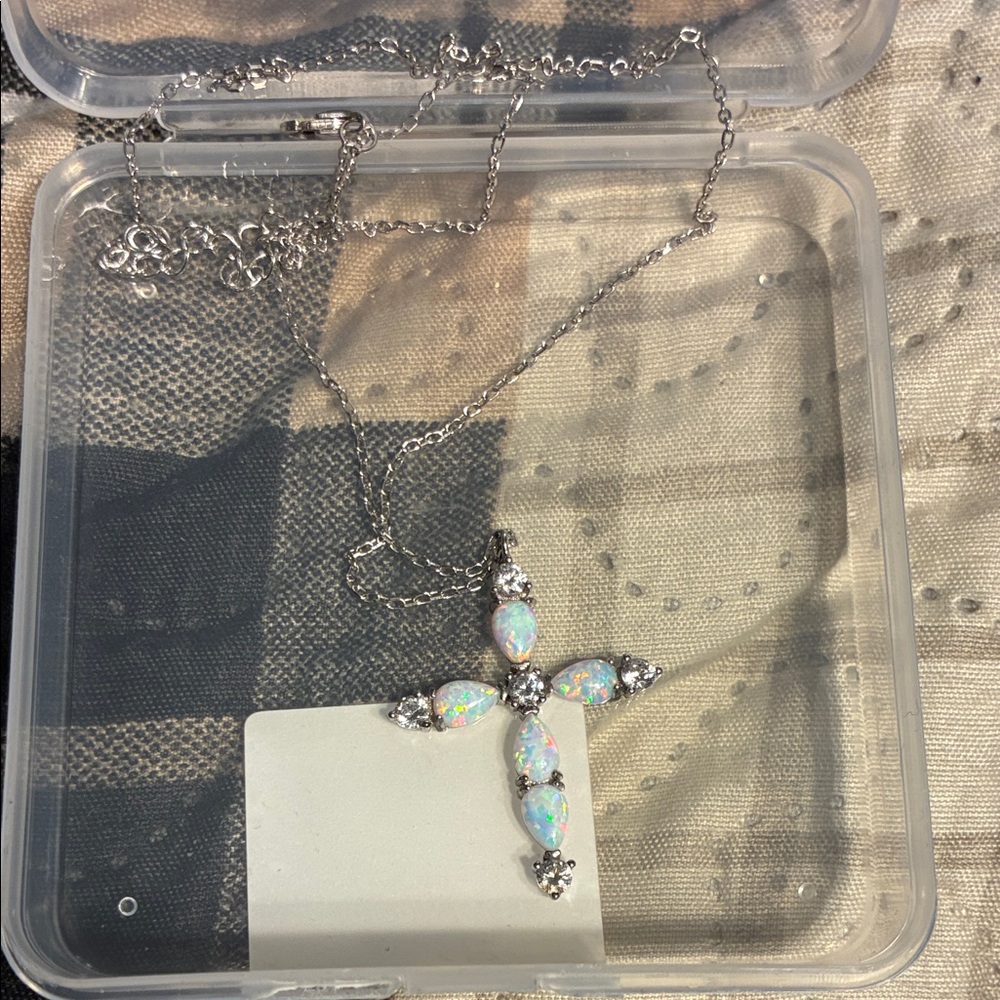 Opal Cross Pendant Necklace - Iridescent White Stones